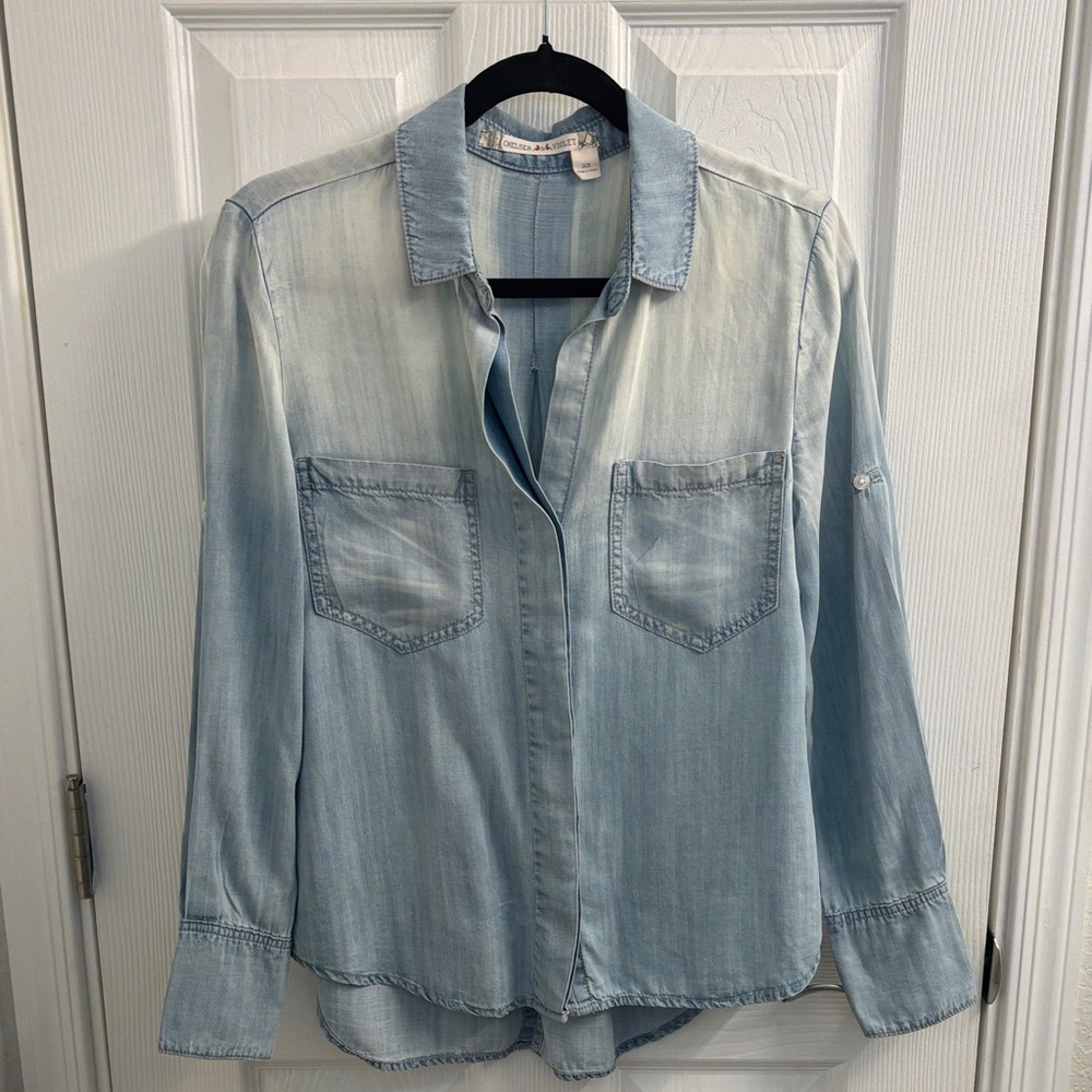 Women's Chelsea & Violet Light Wash Tensel Denim Button-Down Shirt Ombre Size XS